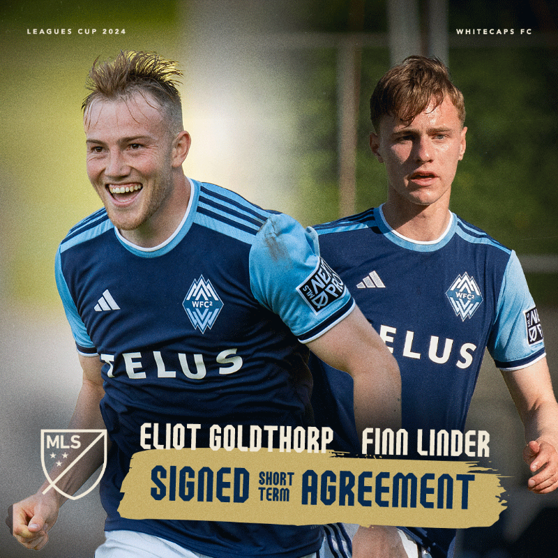 WhitecapsFC's tweet photo. NEWS | ‘Caps have signed @WFC2 defender Finn Linder and midfielder Eliot Goldthorp to their second @MLS short-term agreements for Saturday's @LeaguesCup group stage match against LIGA MX side Club Tijuana ✍️ 

Well deserved, @EliotGoldthorp1 &amp; Finn! 

#VWFC | #LeaguesCup2024