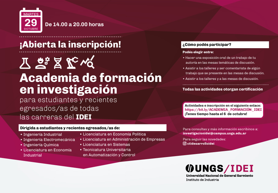 Academia de formación en investigación para estudiantes y recientes egresados/as de todas las carreras  del IDEI

Inscripción: docs.google.com/forms/d/e/1FAI…

<a href="/ungsoficial/">UNGS</a>