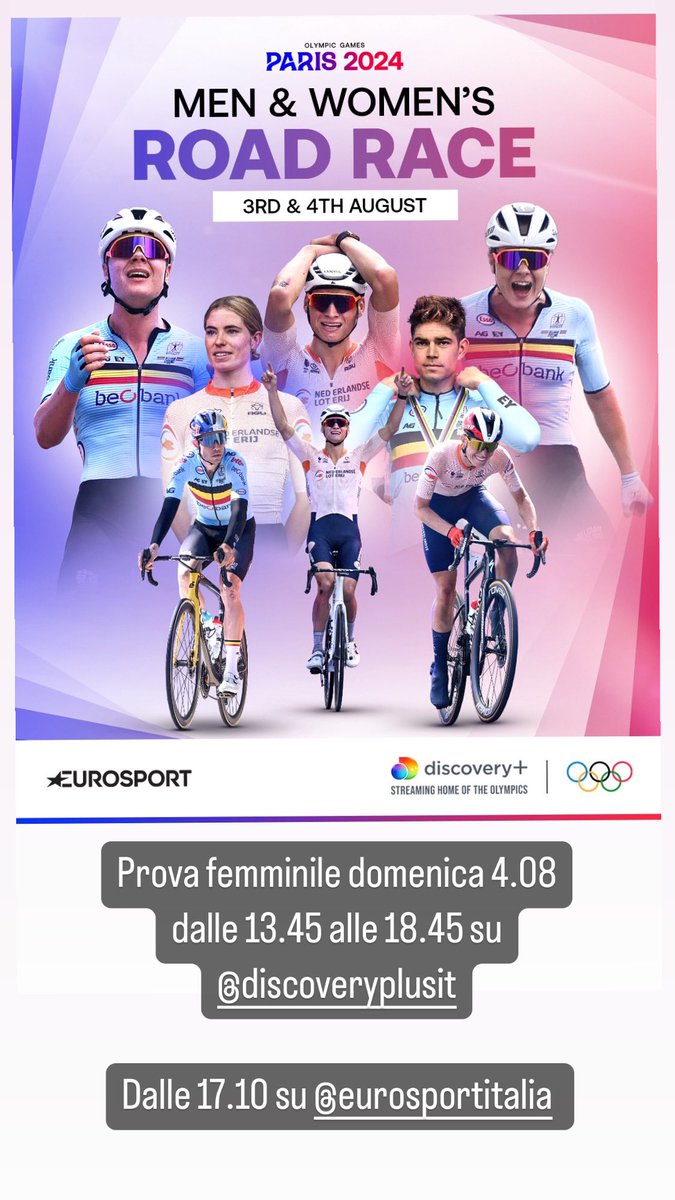 ILENIALazzaro's tweet image. Domenica 4 Agosto prova olimpica femminile su strada. Io e @pisaneschi90 ci aspettiamo dalle 13.45 su @discoveryplusIT  
#eurosportciclismo #CyclingRoad #Paris2024