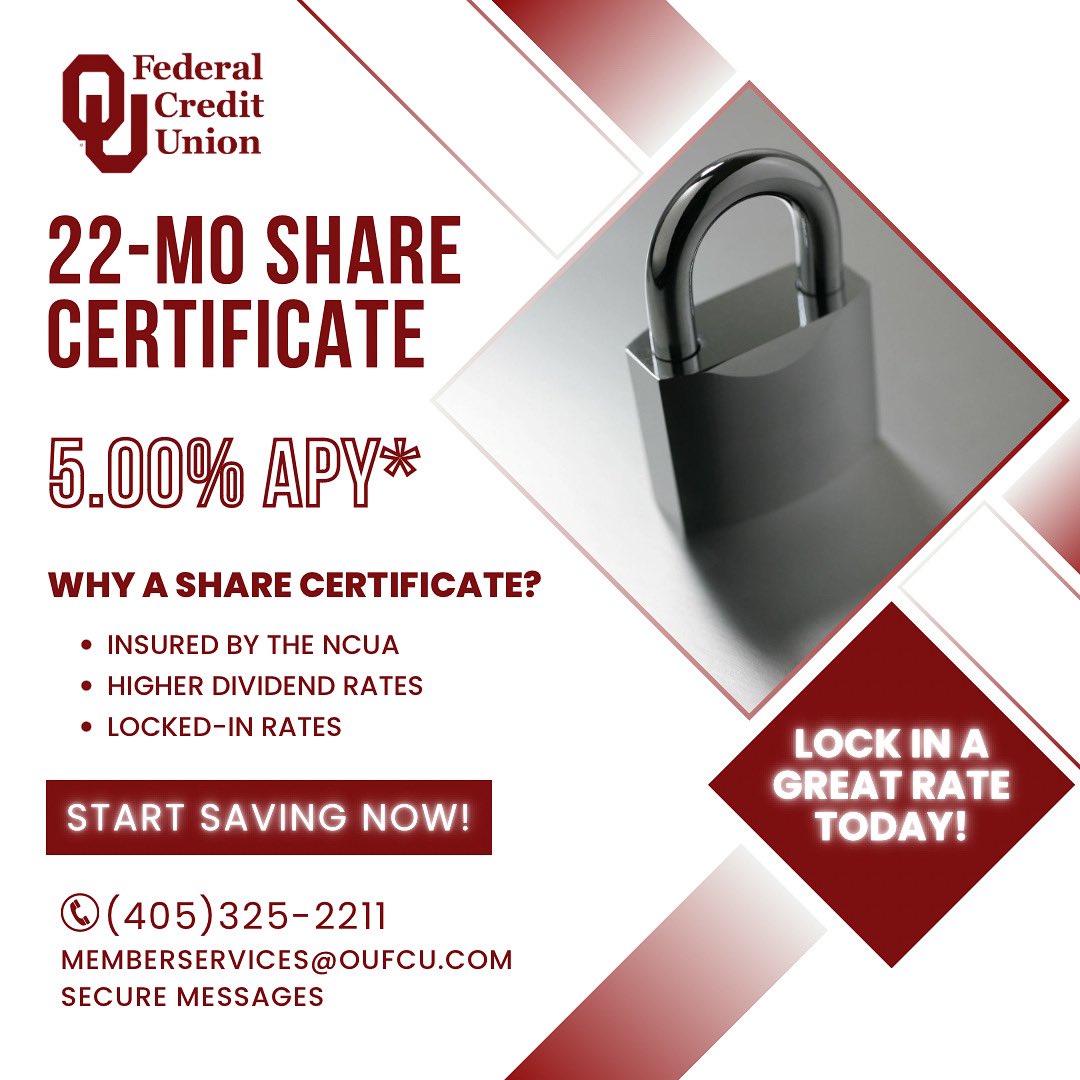 OUFedCU's tweet image. Lock in a great rate before it’s too late! Contact us today about our 22-month share certificate! 💰