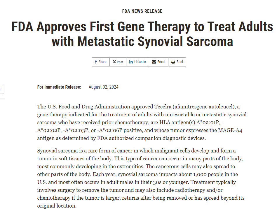 VivekSubbiah's tweet photo. 🚨It's Friday and we have another FDA approval !
👉FDA Approves First Gene Therapy to Treat Adults with Metastatic Synovial Sarcoma
👉Afamitresgene autoleucel is also the first FDA-approved T cell receptor (TCR) gene therapy. 
👉The product is an autologous T cell immunotherapy composed of a patient’s own T cells. T cells are modified to express a TCR that targets MAGE-A4, an antigen (substance that normally triggers your immune system) expressed by cancer cells in synovial sarcoma. 👉The product is administered as a SINGLE intravenous dose. 
👉Huge congrats to the trials team, patients and all their caregivers who made it happen👏. 
HLA = human leukocyte antigen; SPEAR = Specific Peptide Enhanced Affinity Receptor; TCR = T-cell receptor @bvantine1 @DrBetofMDPhD @DavidHongMD @Adaptimmune @OncoAlert 
https://t.co/q62iBhVDP0