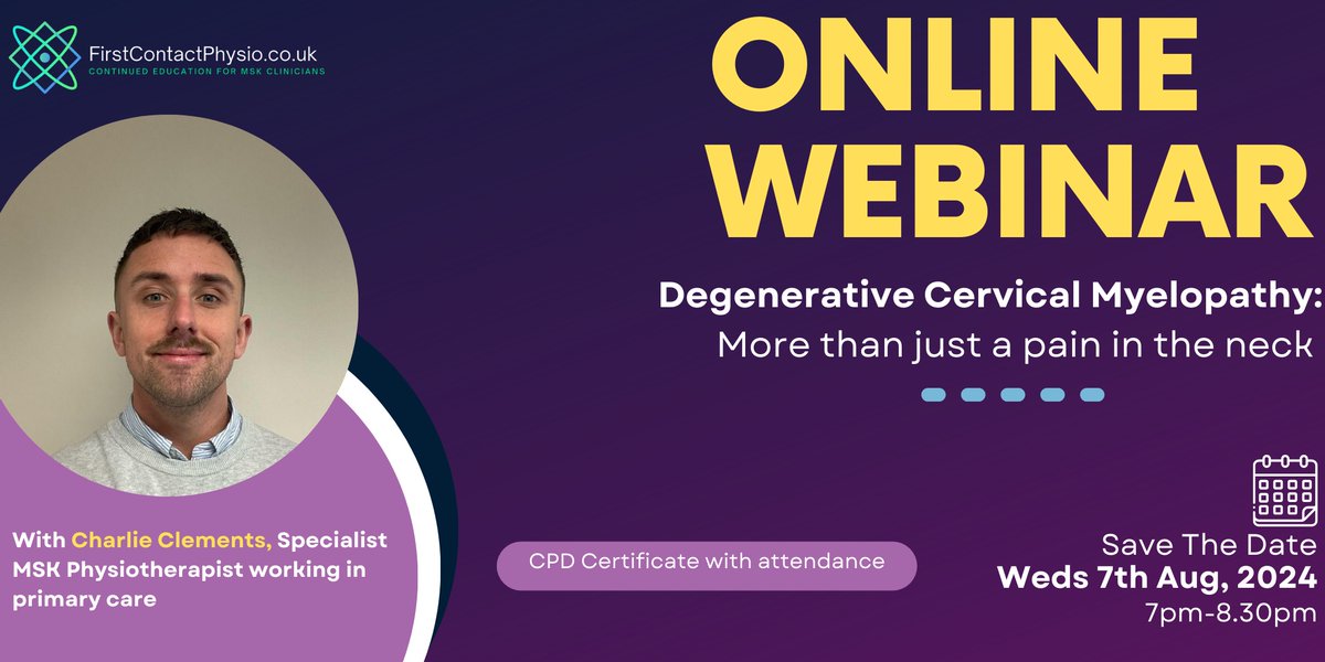 Primary Care MSK (@primarycaremsk) on Twitter photo Less than 1 week to go! 🚨
Do you work in Primary Care or MSK practice? 🤔
Want to learn more about Degenerative Cervical Myelopathy (DCM), the diagnostic challenges, and how to identify and manage? 🙌
Then join us for our highly anticipated webinar with <a href="/ClementsCharl96/">Charlie Clements</a> who Less than 1 week to go! 🚨
Do you work in Primary Care or MSK practice? 🤔
Want to learn more about Degenerative Cervical Myelopathy (DCM), the diagnostic challenges, and how to identify and manage? 🙌
Then join us for our highly anticipated webinar with <a href="/ClementsCharl96/">Charlie Clements</a> who