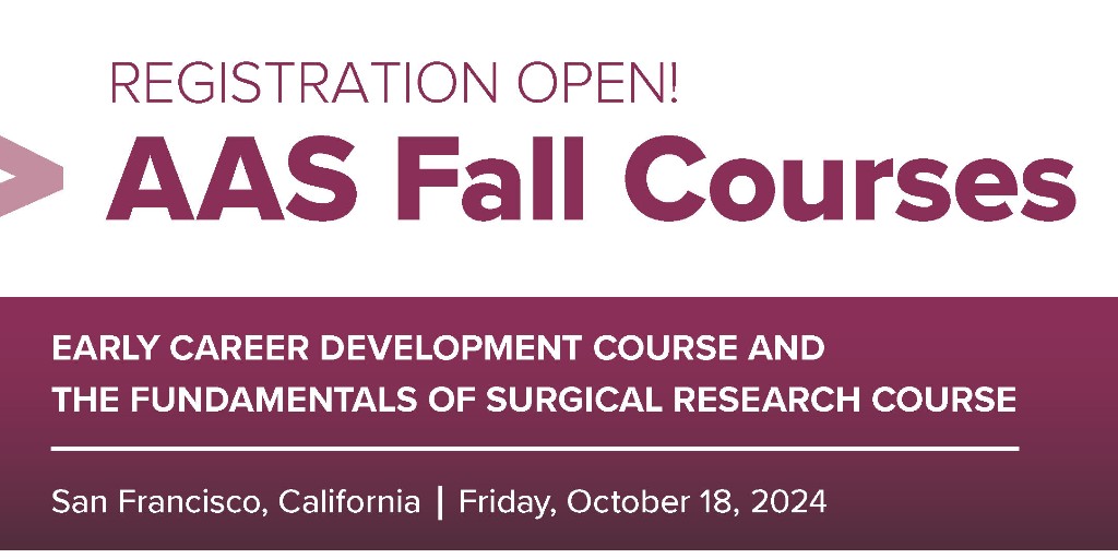 Registration is now open for the AAS Fall Courses! Connect with peers and mentors while gaining skills and insights on charting your path in surgical research
🌟🔬 aasurg.org/aas-fall-cours…

<a href="/BrenessaL/">Brenessa Lindeman, MD, MEHP</a> @drsuswarner <a href="/DrJashDatta/">Jash Datta, MD</a> <a href="/gitamody/">Gita Mody</a> <a href="/AshleyHolderMD/">Ashley Holder, MD</a> <a href="/MonicaDuaMD/">Monica Dua</a> <a href="/jdphillipsMD/">Joseph D. Phillips, MD FACS</a>