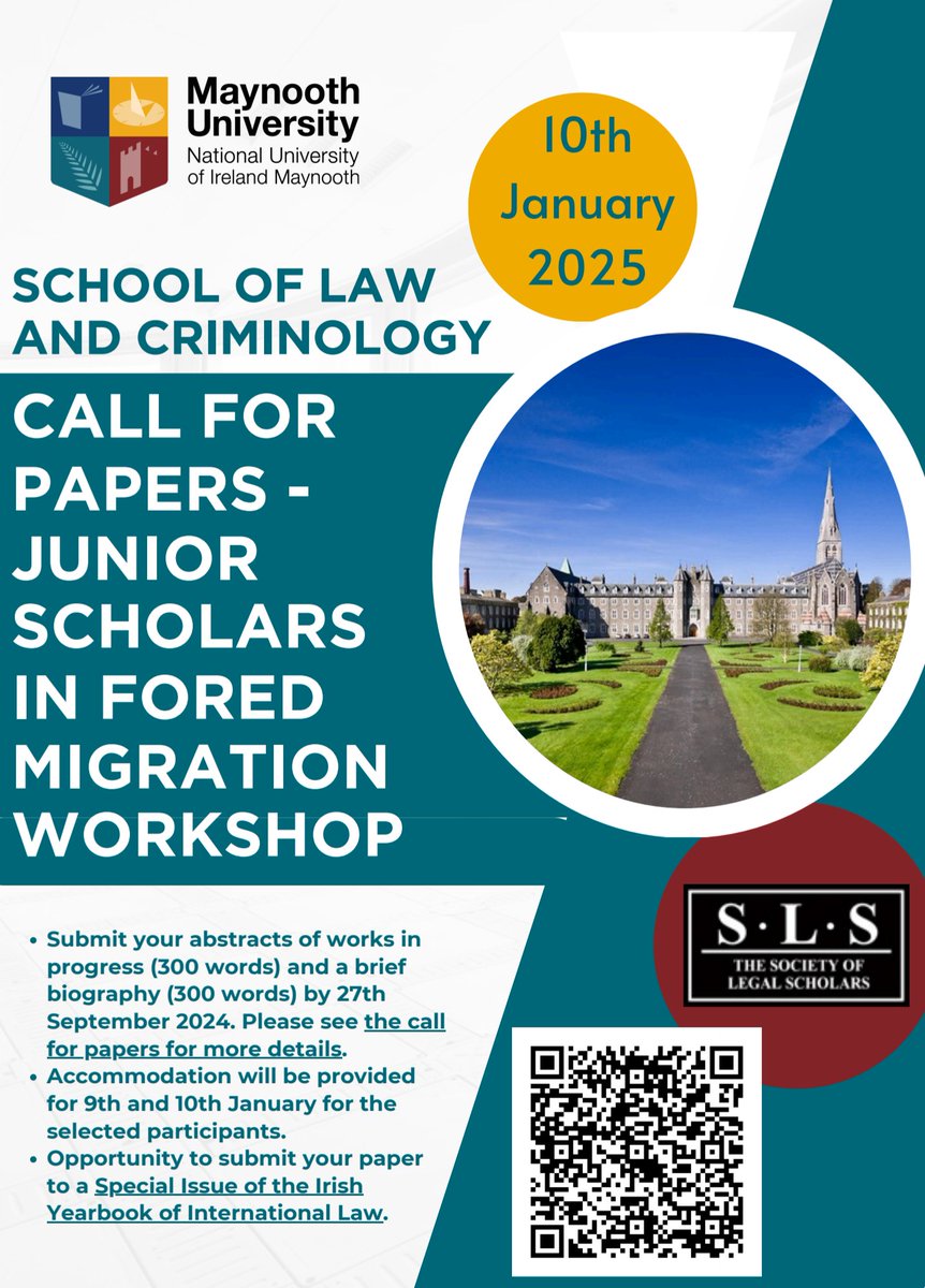 Victoria (@victoriaidaniel) on Twitter photo 📣#forcedmigration Junior Scholars !
Join us in <a href="/MaynoothLaw/">MU School of Law & Criminology</a> for a workshop on #forcedmigration law and policy on 10th of January! 🇮🇪
Limited places!
Call for papers and further details using QR code below 👇
<a href="/NiGhrainne/">Dr BrĂd NĂ Ghráinne</a> <a href="/Chunyangchong/">Chunhyang Chong</a> <a href="/CliodhnaMurphy1/">ClĂodhna Murphy</a> 📣#forcedmigration Junior Scholars !
Join us in <a href="/MaynoothLaw/">MU School of Law & Criminology</a> for a workshop on #forcedmigration law and policy on 10th of January! 🇮🇪
Limited places!
Call for papers and further details using QR code below 👇
<a href="/NiGhrainne/">Dr BrĂd NĂ Ghráinne</a> <a href="/Chunyangchong/">Chunhyang Chong</a> <a href="/CliodhnaMurphy1/">ClĂodhna Murphy</a>