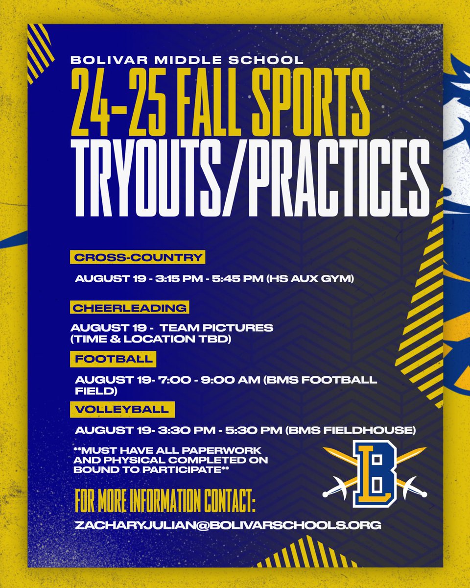 BMS Parents: 

Please check your emails for important information regarding athletic registration for this upcoming school year! More info can be found here: 
bolivarschools.org/page/athletics…