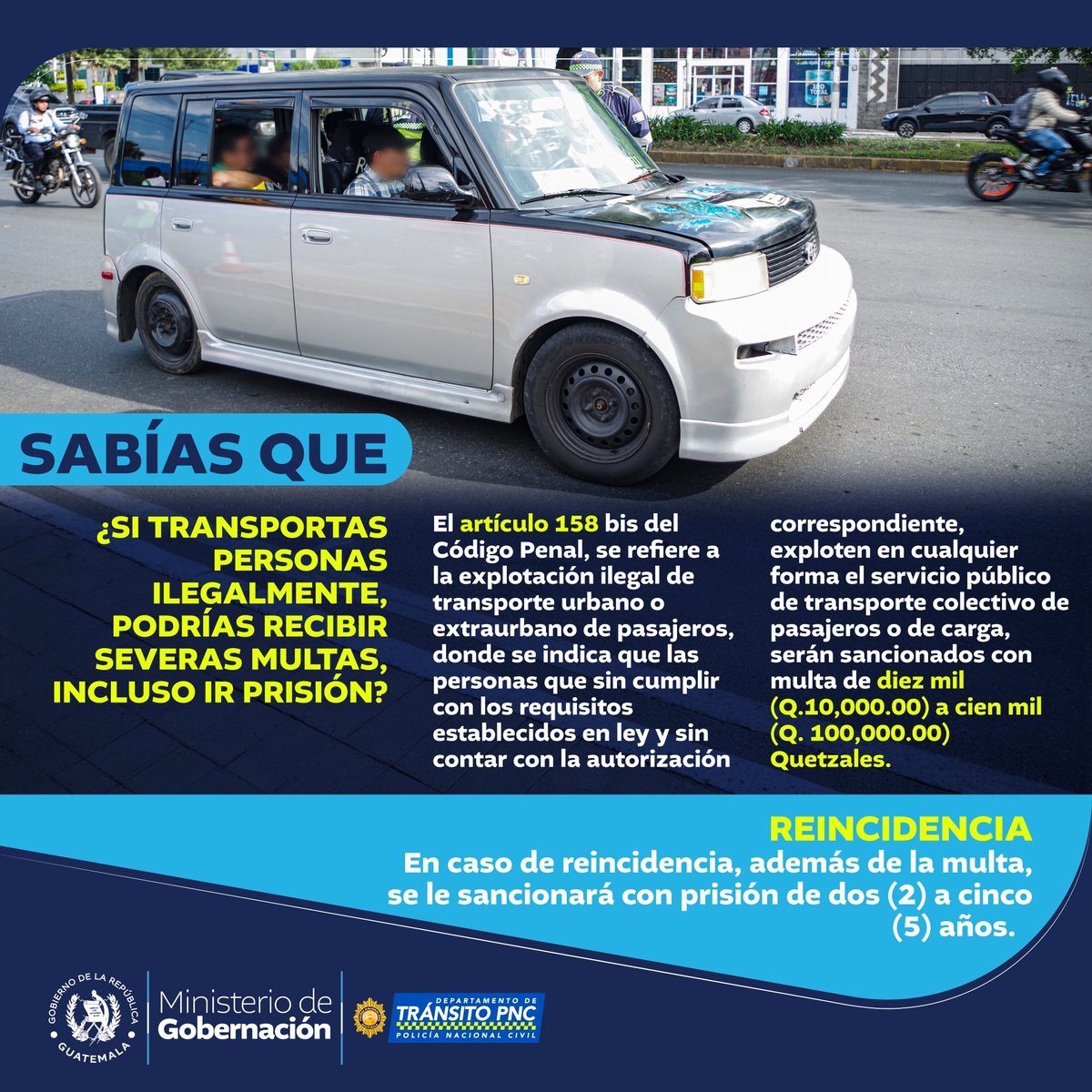 ¡Evita sanciones drásticas!

🚨🚫Las multas por transportar pasajeros de manera ilegal pueden llegar hasta Q100 mil.