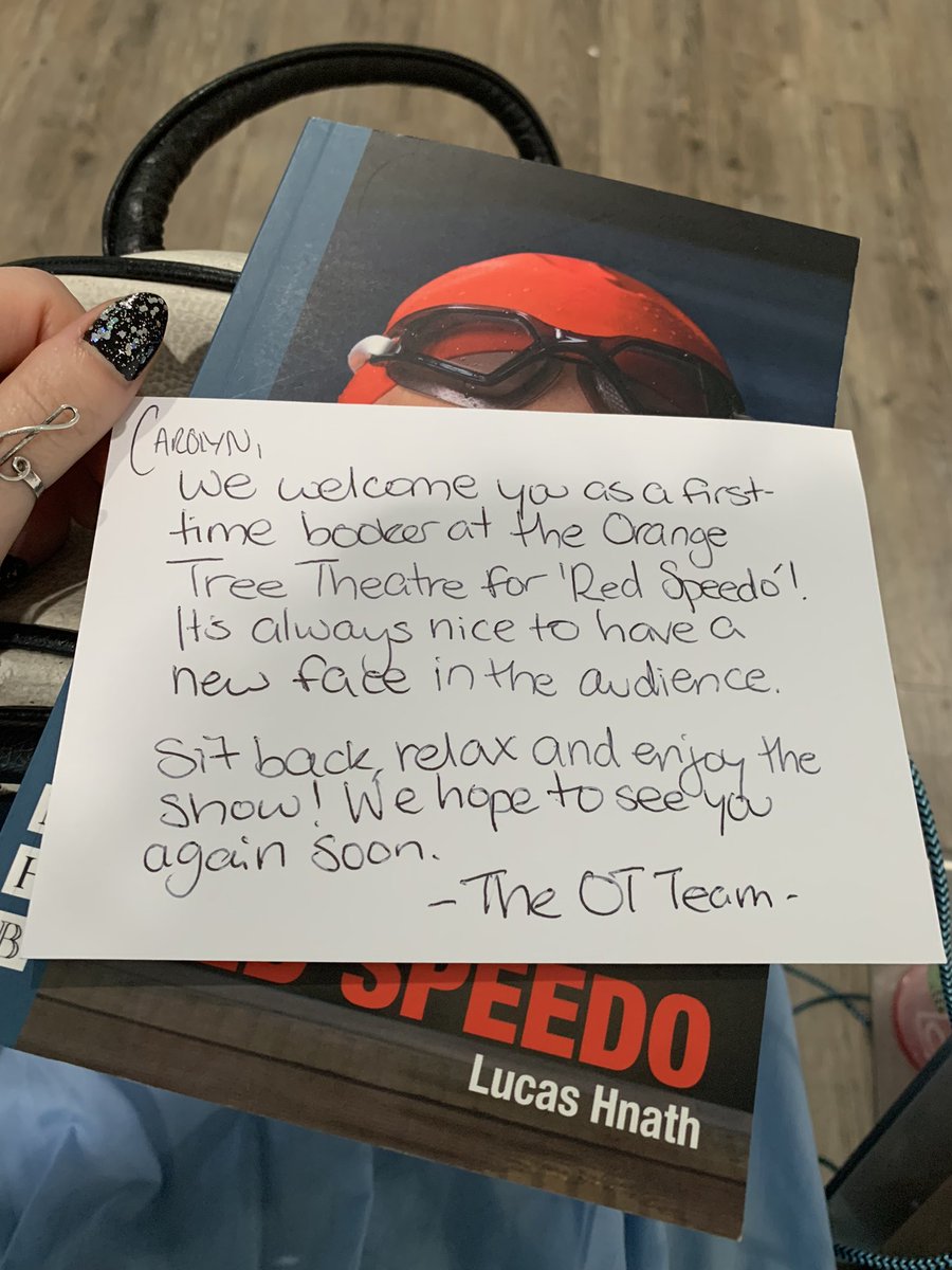 _littleimpulse's tweet image. Hugely recommend visiting @OrangeTreeThtr. Look at the lovely note they left me, as a first time booker! The staff were so welcoming, the play I saw there, #RedSpeedo was great, the set was stunning, the acting brilliant &amp;amp; there was a fun &amp;amp; fascinating post-show discussion! 🎭💓