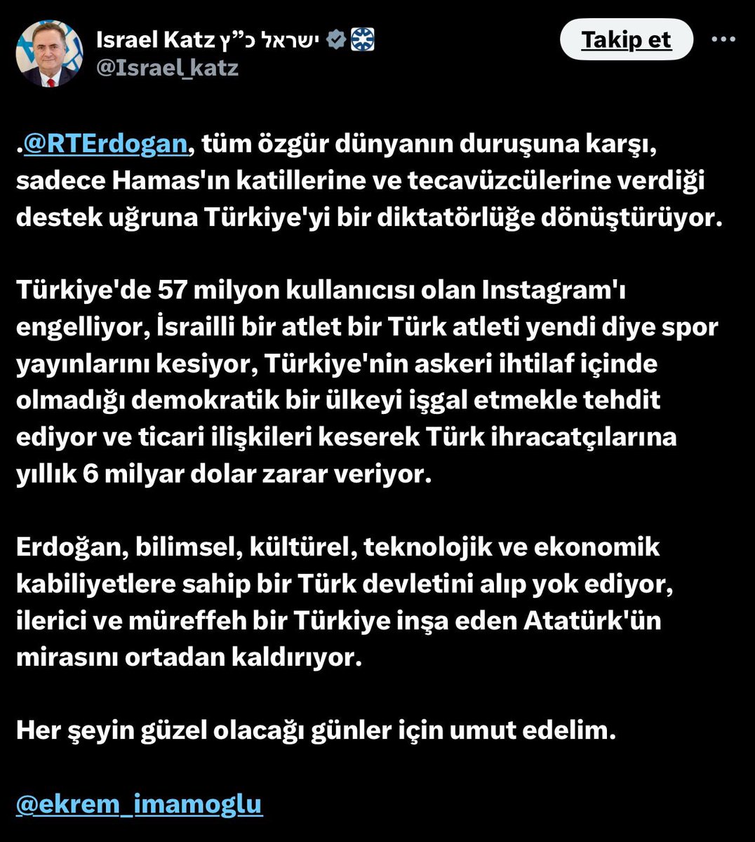 Beklenen açıklama gecikmedi, Ekrem İmamoğlu İsrail’den “aferini” kaptı.

Siyonistler seninle gurur duyuyor İmamoğlu.