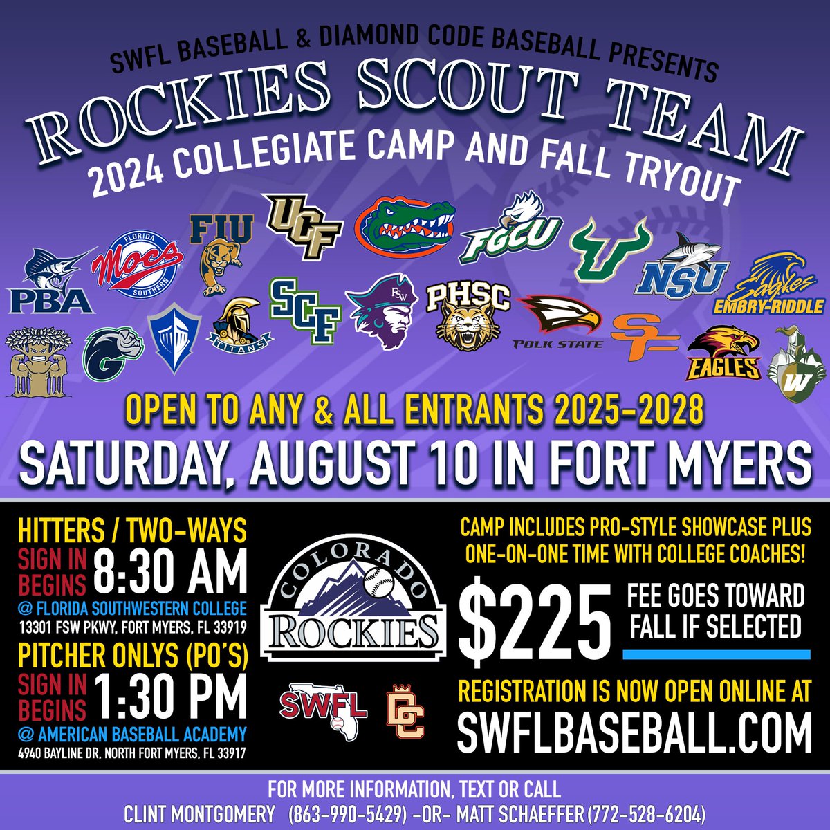 We added 3️⃣ more colleges - giving us TWENTY colleges in attendance‼️

Where else do you have a legit shot to be recruited, work w/ college coaches, make an MLB scout team, play this fall against colleges AND in the top event in the country?

Sign Up ➡️ SWFLbaseball.com
