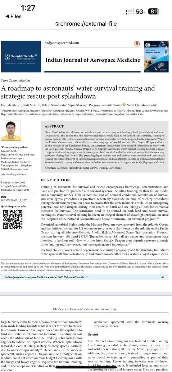 🚀 **New Publication!** 🚀
I'm excited to announce that our paper, **"A Roadmap to Astronauts’ Water Survival Training &amp; Strategic Rescue Post Splashdown"**, has been published.

🔗 indjaerospacemed.com/a-roadmap-to-a…

#SpaceMedicine #AstronautTraining #SpaceSafety #HumanSpaceflight