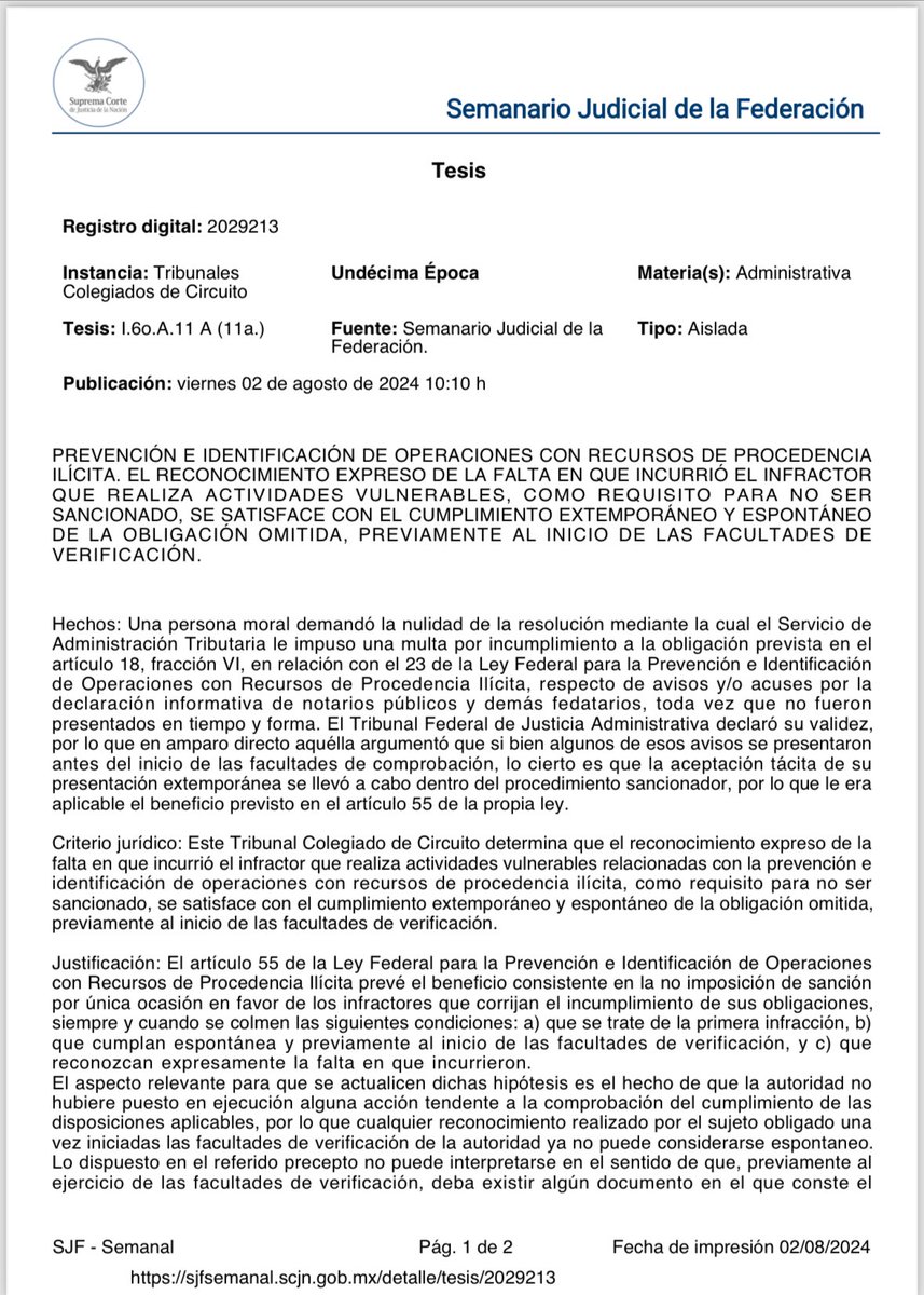 DavidAscension's tweet photo. LFPIORPI. RECONOCIMIENTO EXPRESO DE FALTA EN QUE INCURRIÓ EL INFRACTOR QUE REALIZA ACT. VULNERABLES, COMO REQUISITO PARA NO SER SANCIONADO, SE SATISFACE CON EL CUMPLIMIENTO EXTEMPORÁNEO Y ESPONTÁNEO DE LA OBLIGACIÓN OMITIDA, PREVIAMENTE AL INICIO DE LAS FACULTADES DE VERIFICACIÓN https://t.co/UMMHzLcOew