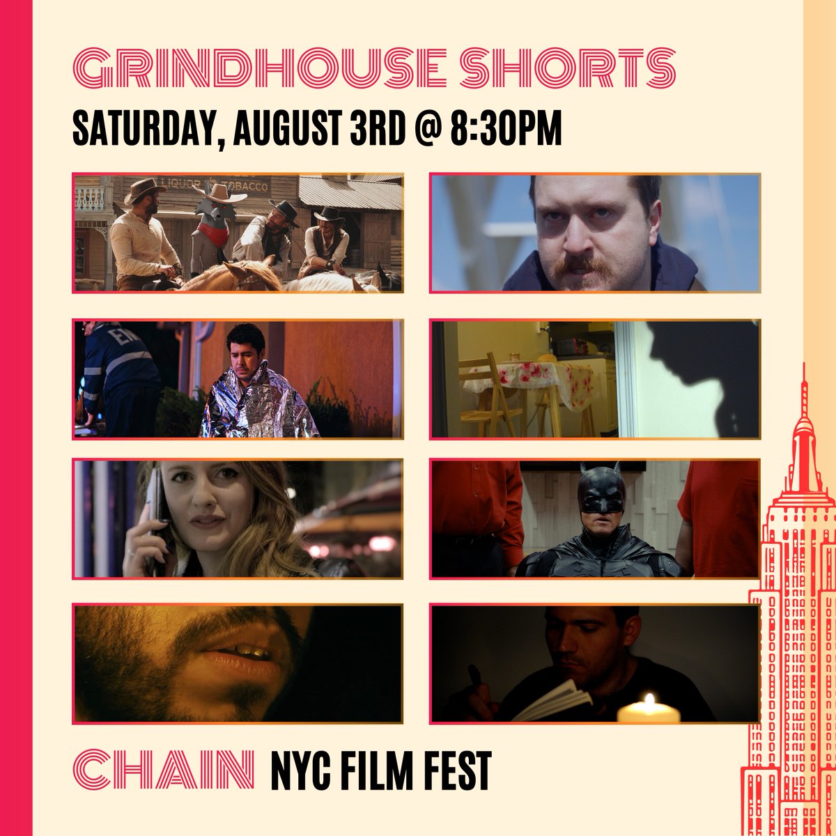 Grindhouse Shorts
Saturday Aug 3 - 8:30pm
Tickets: ow.ly/EQPl50SPHtv

Bloody Fury

Kolobok (The Little Round Bun)

Leftovers

Lone Wolves

Pee Pee Platter

Standards

The Batman V Suge Knight

Wolf Culture

#shortfilm #filmfestival #chainfilmfestival #nycfilm