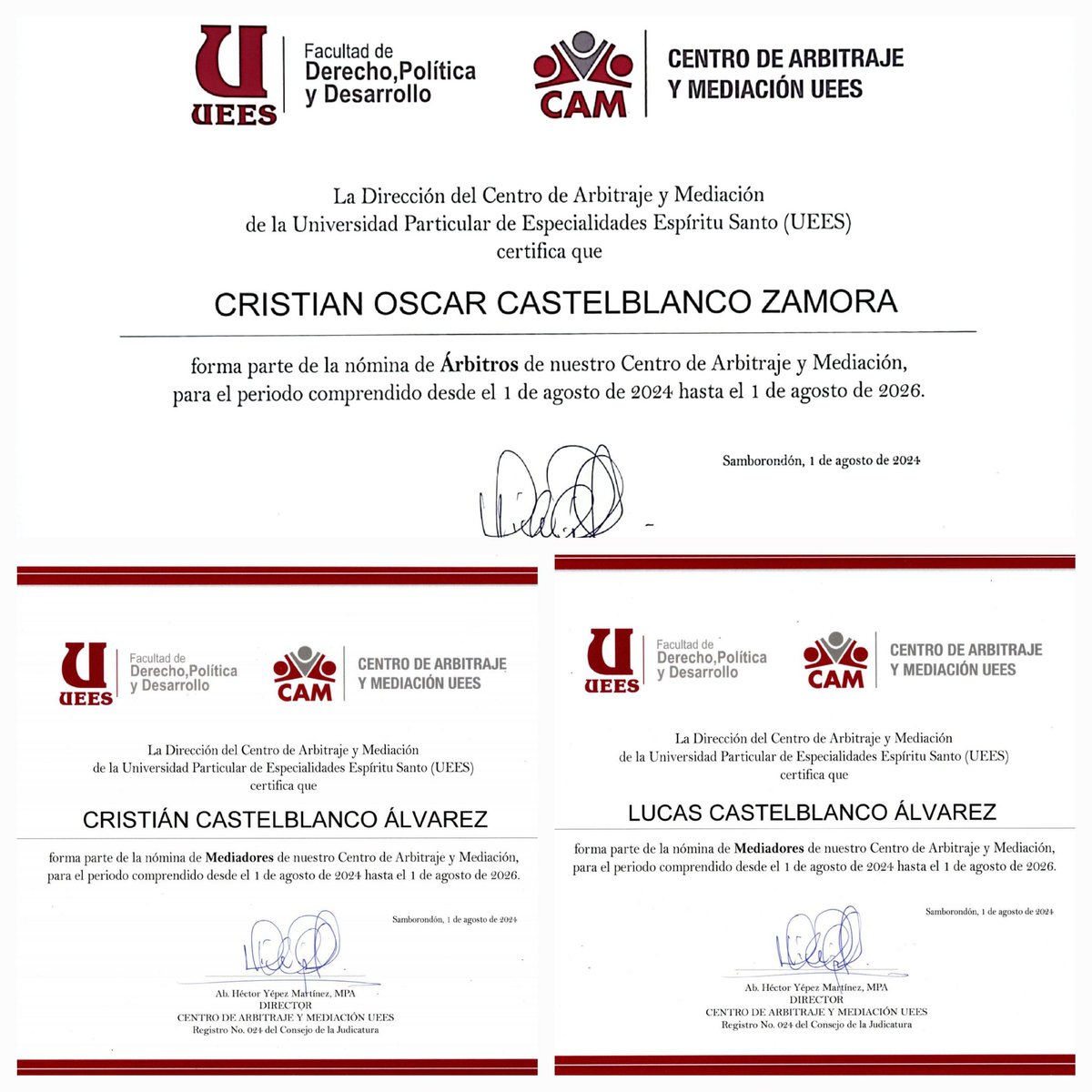 ccastelblanco's tweet photo. Doble alegría y honor por la designación como ÁRBITRO del @CAMUEES de la @uees_ec donde coadyuvaremos a la justicia con mis hijos y colegas @cmcastelblanco @Lcastelblanco98 que han sido designados MEDIADORES de ese prestigioso Centro de Arbitraje y Mediación https://t.co/QScU4CO9P0