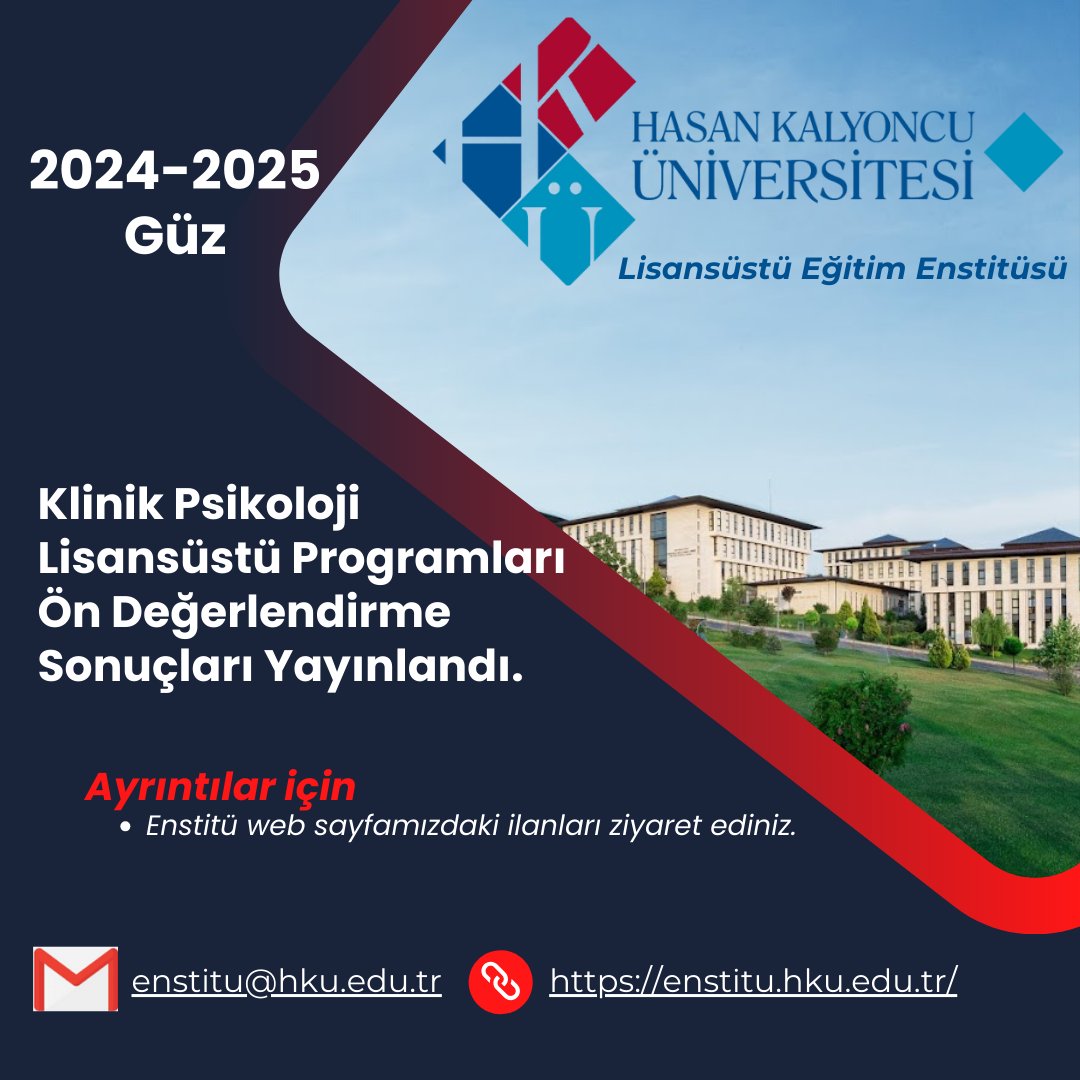 2024-2025 Güz Dönemi Klinik Psikoloji Lisansüstü Programları için ön değerlendirme sonuçları yayınlanmıştır.
enstitu.hku.edu.tr/ilanlar/lisans…