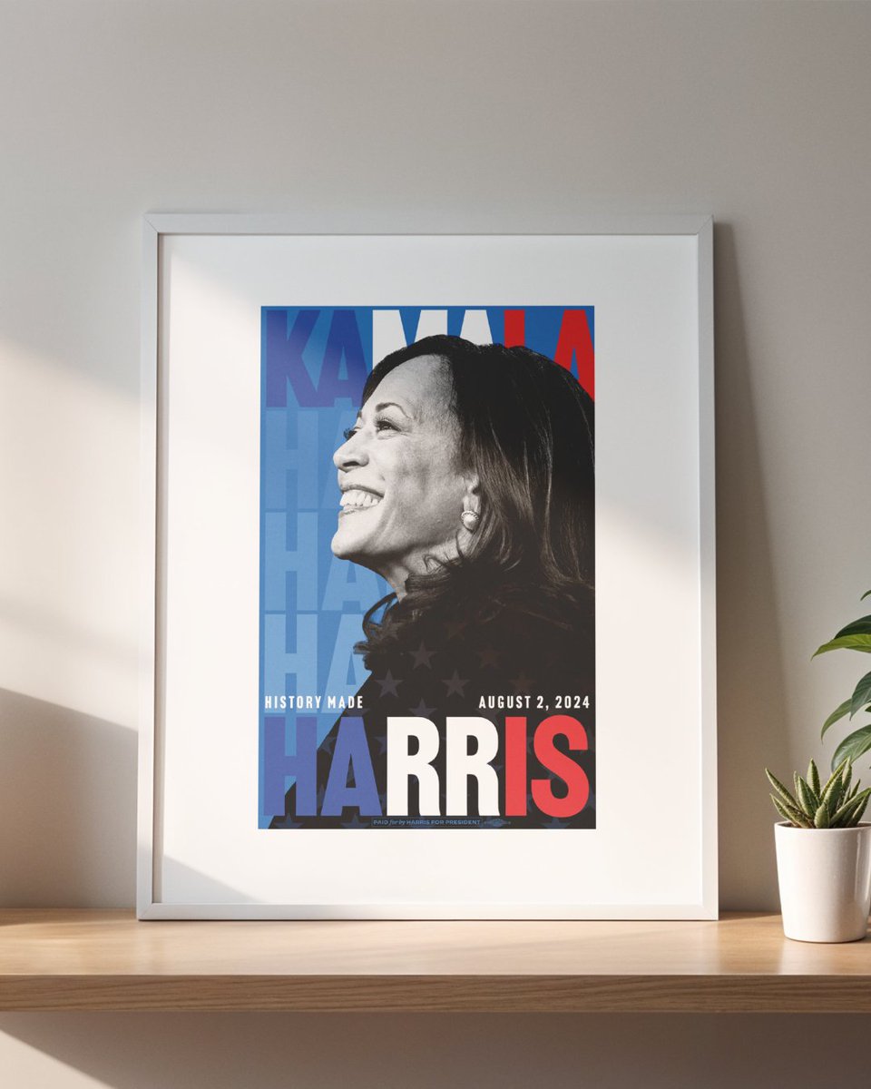 NEW: Vice President Harris is officially the presumptive Democratic nominee.

To celebrate, we are releasing a new poster—the first 5,000 are free. Use promo code MADAMPRESIDENT for 20% off storewide.

store.kamalaharris.com/limited-editio…