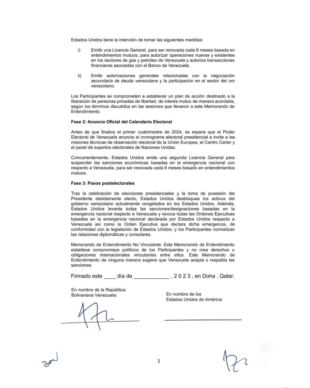 Miraflores y la Casa Blanca sostuvieron negociaciones a finales del 2023 en Doha. El acuerdo preveía que USA aliviaría las sanciones a la industria petrolera venezolana y a cambio Maduro permitiría una elección presidencial competitiva y supervisada. internacionalmente.