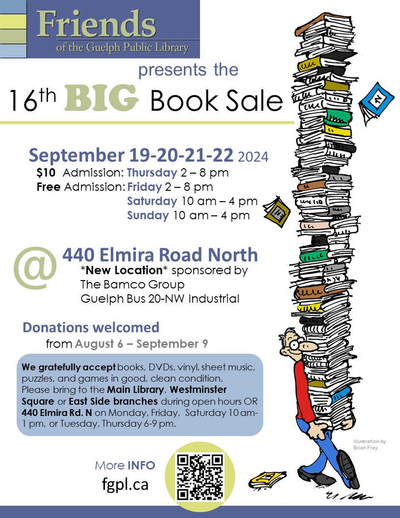 Donations for the <a href="/FriendsGPL/">FriendsGPL</a> Big Book Sale start today at the Main Library as well as our Westminster Square and East Side branches (during open hours!). Learn more at fgpl.ca