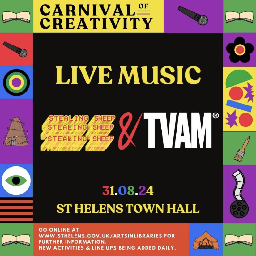 NEW SHOW ALERT…

SAT 31 AUG at St Helens Town Hall for St Helens Carnival of Creativity. Hosted by the wonderful people at @STHLibraries &amp; <a href="/sthelenscouncil/">St Helens Borough Council</a>, we’ll be sharing the stage with the awesome <a href="/stealingsheep/">Stealing Sheep</a>. 

Tix - eventbrite.co.uk/e/944915005217…
