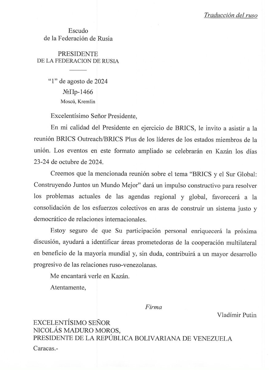 El presidente de Rusia Vladimir Putin, en su calidad del Presidente en ejercicio de BRICS, invita al Presidente <a href="/NicolasMaduro/">Nicolás Maduro</a> a la reunión BRICS Outreach/BRICS Plus de los lideres de los estados miembros de la unión.

¡Somos BRICS!