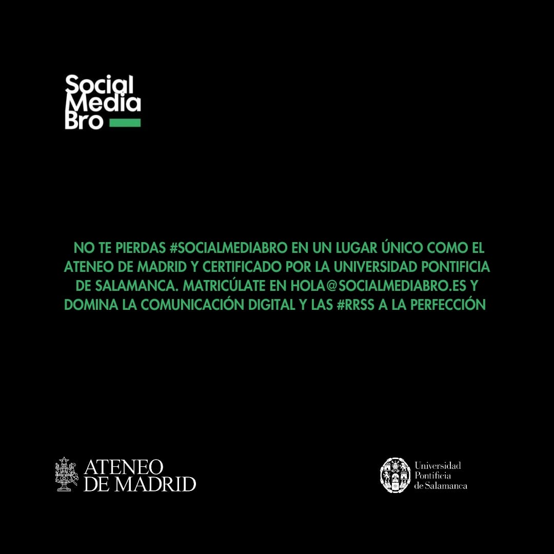 No te pierdas #SocialMediaBro en un lugar único como el Ateneo de Madrid y certificado por la Universidad Pontificia de Salamanca 🙌

Matricúlate en hola@socialmediabro.es y domina la comunicación digital y las #rrss a la perfección 🔝