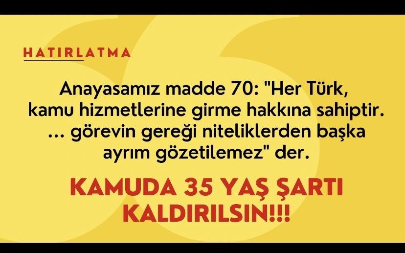 <a href="/ahinDENZ6/">Kamuda 35 yaş mağdurları platformu</a> <a href="/efkanala/">Efkan Âlâ</a> <a href="/gamzetascier/">Gamze Şengel TAŞCIER</a> <a href="/akbasogluemin/">Av. M.Emin AKBAŞOĞLU 🇹🇷</a> <a href="/avabdullahguler/">Abdullah Güler</a> <a href="/leylasahinusta/">Dr. Leyla Şahin Usta 🇹🇷</a> 35 yaş şartı eşitliksizlik ve adaletsizliktir. fetö tarafından yıllarca binlerce kişinin hakkı yenmistir, onlar ihraç edilmesine rağmen hakkı yenenler şimdi yaş sartına takılmaktadır. Ülkemizde emeklilik yaşı da göz önüne alınarak bu durumun düzeltilmesini istiyoruz