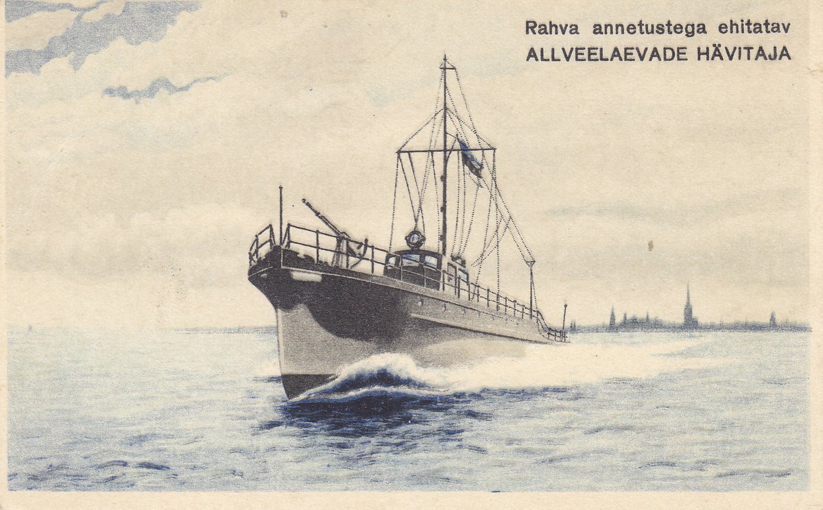MarjeMolder's tweet photo. #Deltiology #Vintage #Estonian #postcard of #Artist concept of a #submarine #destroyer. This was used by "The Submarine Endowment Fund" to raise money and metal between 1933 and 1940 to construct a #Submarine for #Eesti PUN #Navy #oldPaper #Ephemera https://t.co/6EUboSxc7u