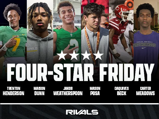 Half-dozen players who recently were rewarded with four-star status: n.rivals.com/news/four-star…

<a href="/QuiBeck_8/">DaQuives Beck</a> <a href="/MaisonDunn1/">Maison Dunn</a> <a href="/THenderson26/">Trenton Henderson 5⭐️ Edge</a> @c8rtermeadows <a href="/MasonPosa/">Mason Posa</a> <a href="/spoonjw/">Jakob Weatherspoon</a>