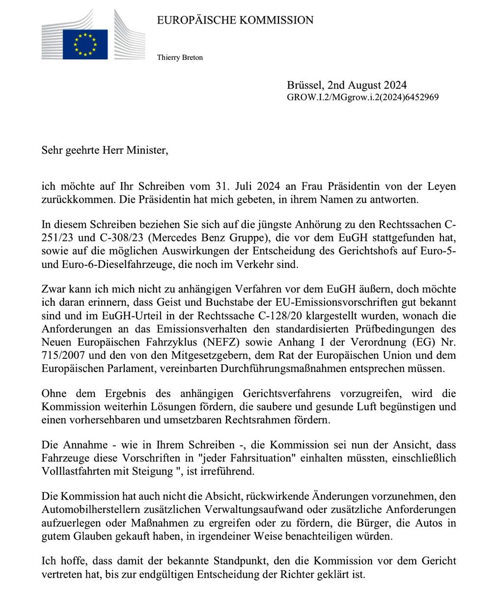 News: EU-Binnenkommissar Breton reagiert auf Wissings Behauptung, es drohe das Aus für Millionen Dieselfahrzeuge. Breton ziemlich scharf, schreibt von Irreführung.