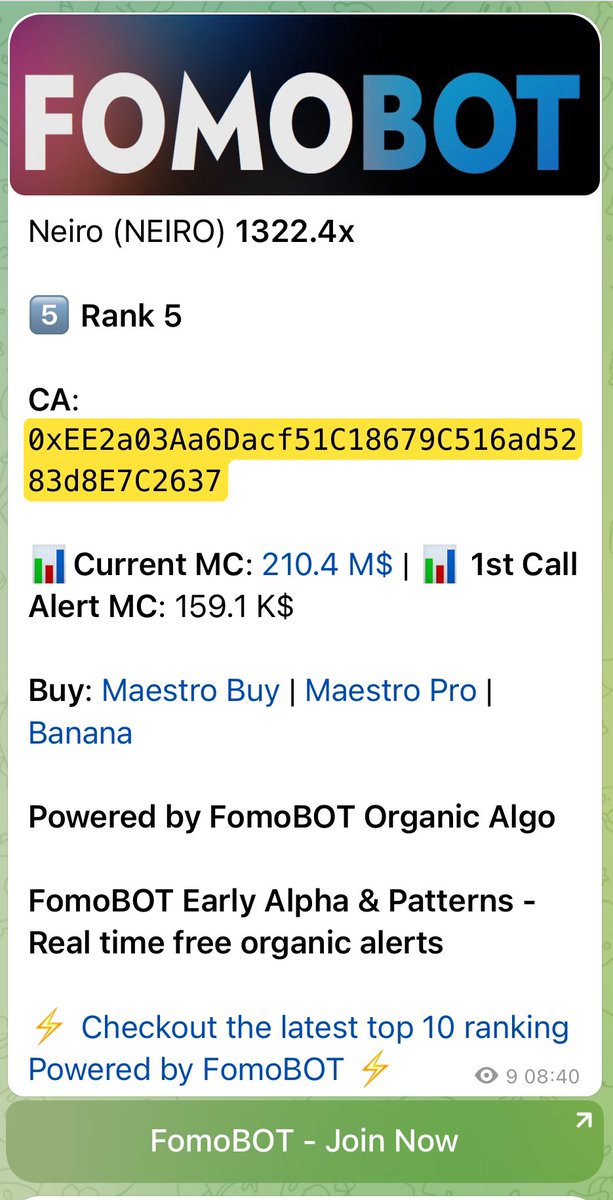 $Neiro (NEIRO) 1322.4x

CA: 0xEE2a03Aa6Dacf51C18679C516ad5283d8E7C2637

📊Current MC: 210.4 M$ | 📊 1st Call Alert MC: 159.1 K$

Powered by FomoBOT Organic Algo

FomoBOT Early Alpha &amp; Patterns - Real time free organic alerts