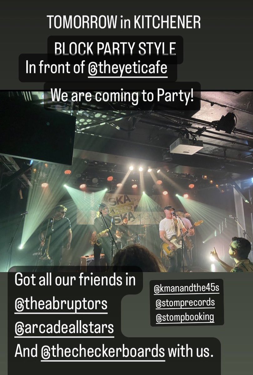 Kitchener BLOCK PARTY tomorrow! Excited to see our friends in <a href="/TheAbruptors/">The Abruptors</a> @Arcadeallstars and @TheCheckerboards and woop it up with our homies! #ska #Ontario #kitchener 🔥🏁🔥🏁❤️🏁 <a href="/StompRecords/">Stomp Records</a>
