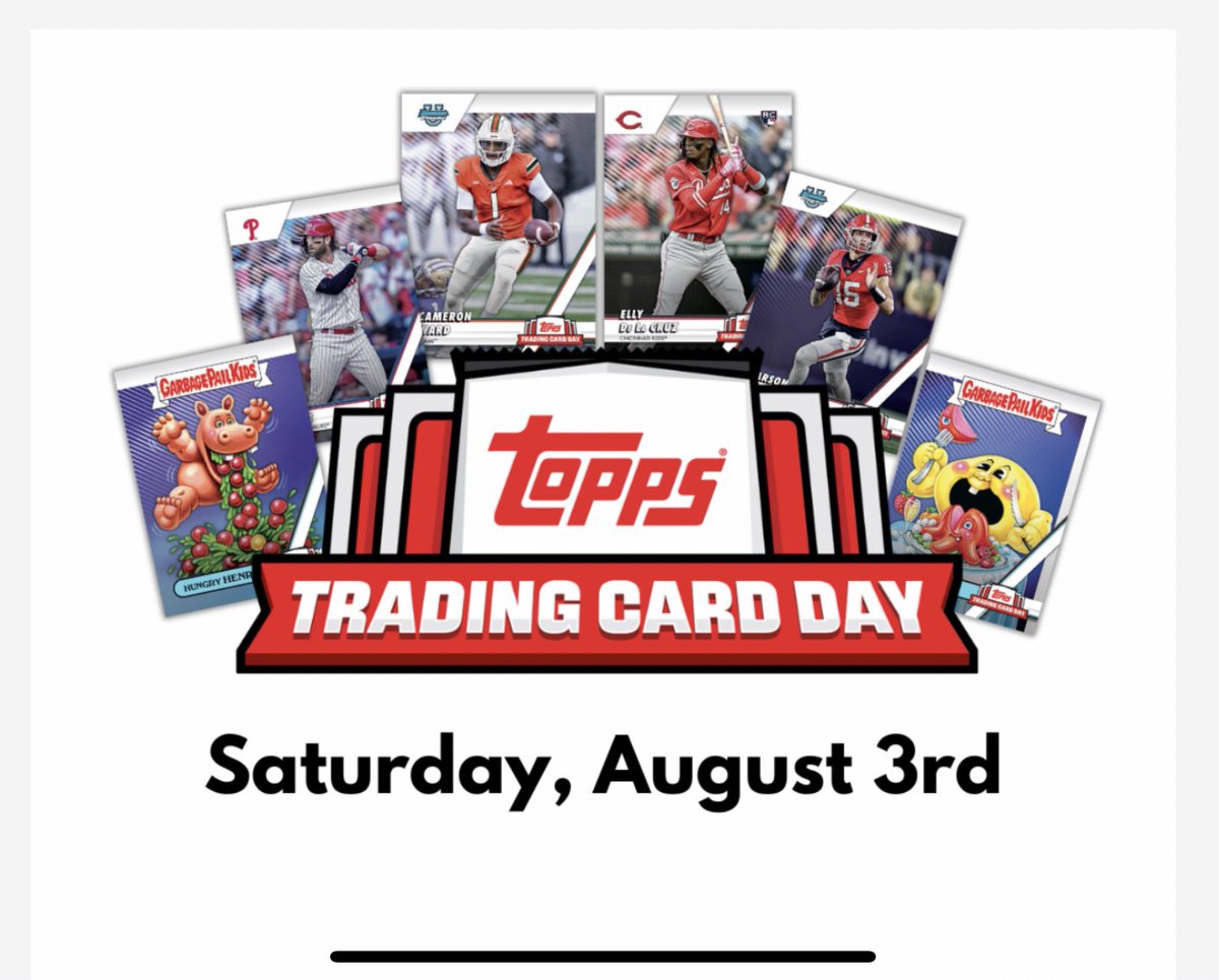 centralcardshop's tweet image. Topps National Trading Card Day is tomorrow August 3rd. Stop by the shop to pick up your FREE Topps pack while supplies last. Spend $10 on any Topps product and receive an Elly De La Cruz card.  #toppscards #hobby #giveaway @Topps