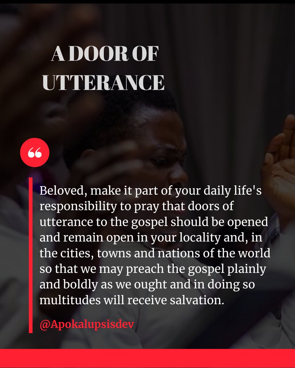 Apokalupsisdev's tweet photo. As the Church of God, we ought to pray, that God opens doors of utterance, that we may be able to teach the Gospel of Christ in places, and amongst people who need to hear our message... Read more

If you do not have a copy, send us a message to get yours.

#apokalupsis
#pray https://t.co/XvqdhTscgO