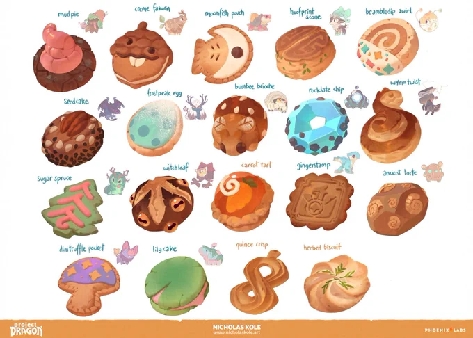  that's the full set of pets I'd concepted for launch, but the best part was the TREATS. We planned special recipes that corresponded to each pet- the only way to tame them was to discover and bake their favorite treat Designing pets AND matching fantasy confections? pure joy 
