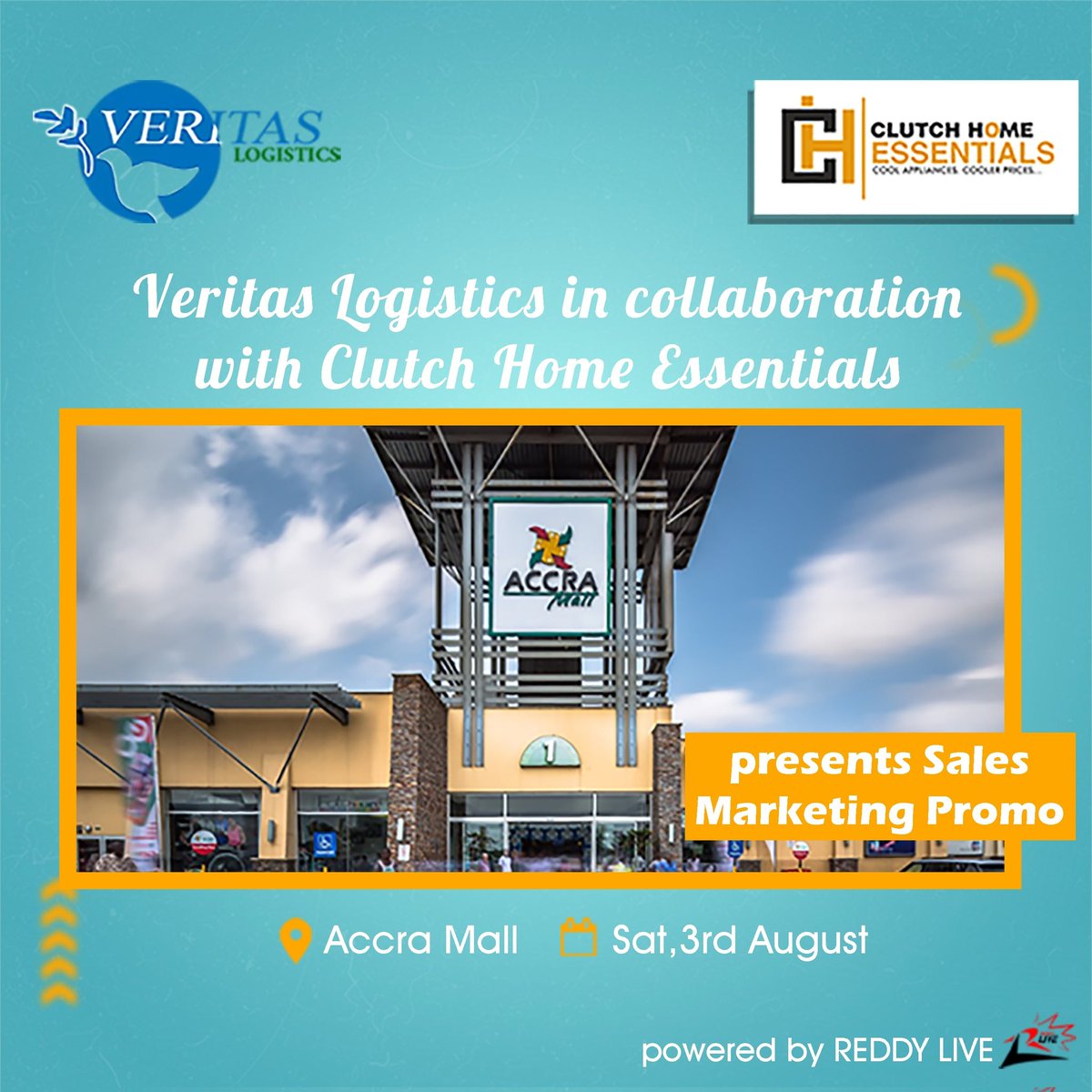 This Saturday! The biggest name in shipping and import <a href="/veritaslog/">veritaslogistics</a> joins your No 1 shop for all home essentials <a href="/CH_Essentials/">Clutch Home Essentials</a> for an activation at the Accra Mall! Powered by REDDYLIVE
#IMC #marketingagency #logistics #homeessentials #ReddyClient