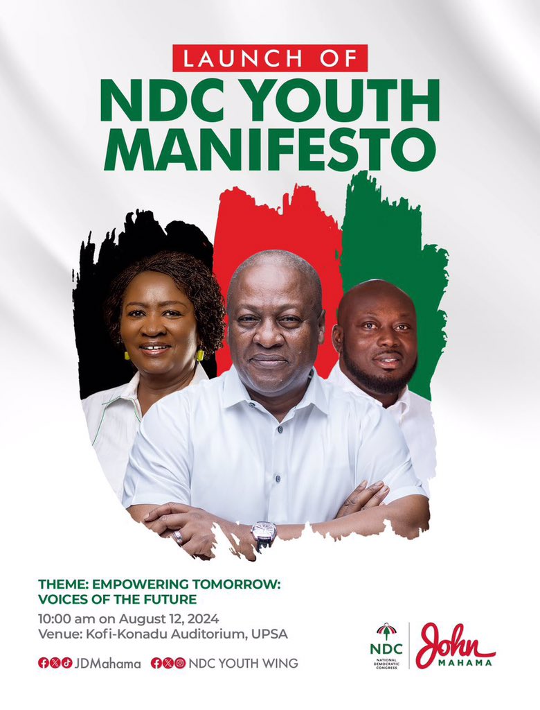 Building the Ghana We Want begins with engaging the capacities of the young people of this country.
Join us as we unveil the Youth Manifesto, a roadmap to empower the voices of tomorrow who are our future.
Your voice matters!!

#ChangeIsComing 
#TheGhanaWeWant 
#Mahama4Change2024