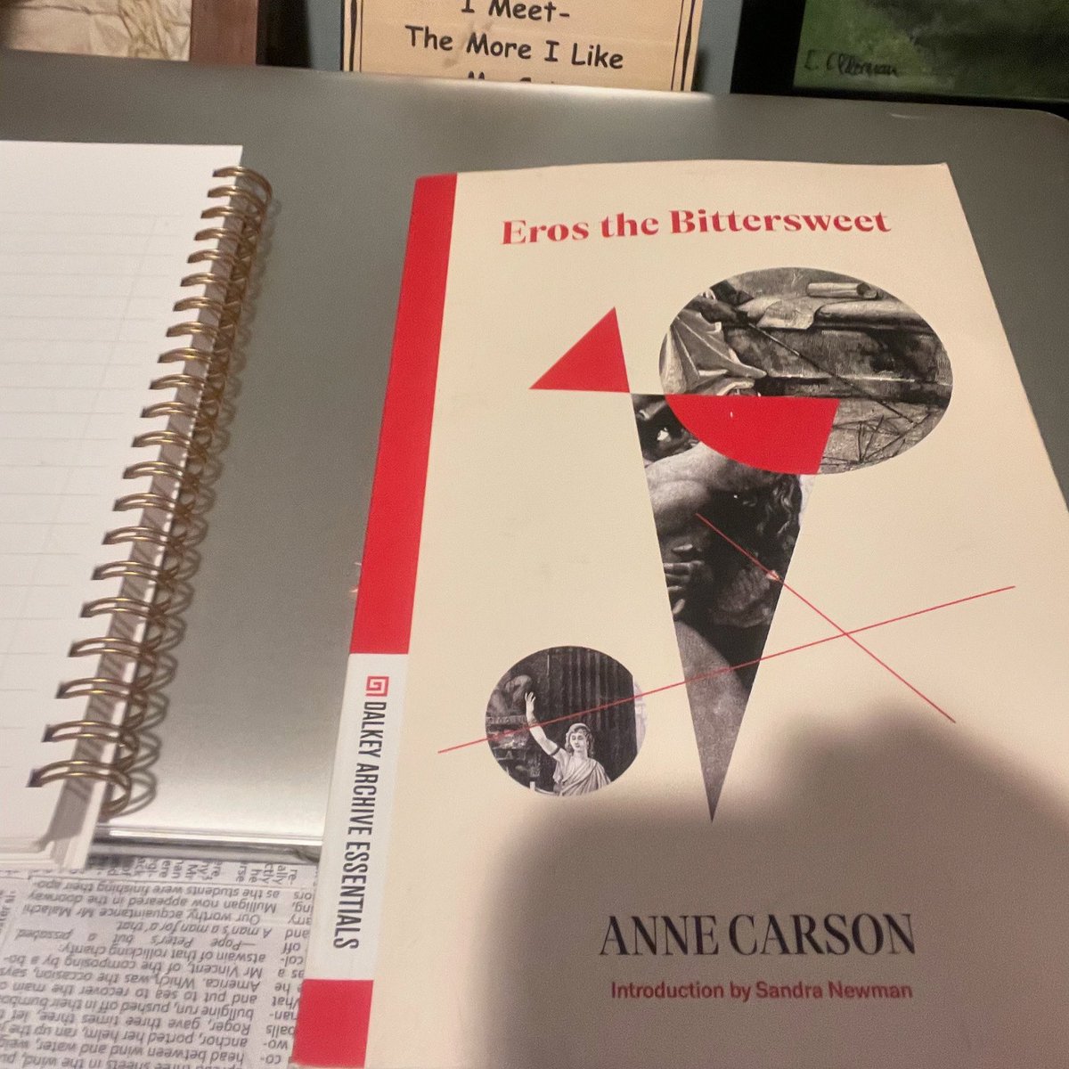 nc_exlibris's tweet photo. Prepping for @MayaCPopa session on Anne Carson & Eros the Bittersweet! #mayapopa #annecarson #eros #bittersweet https://t.co/pI8qoxacFT