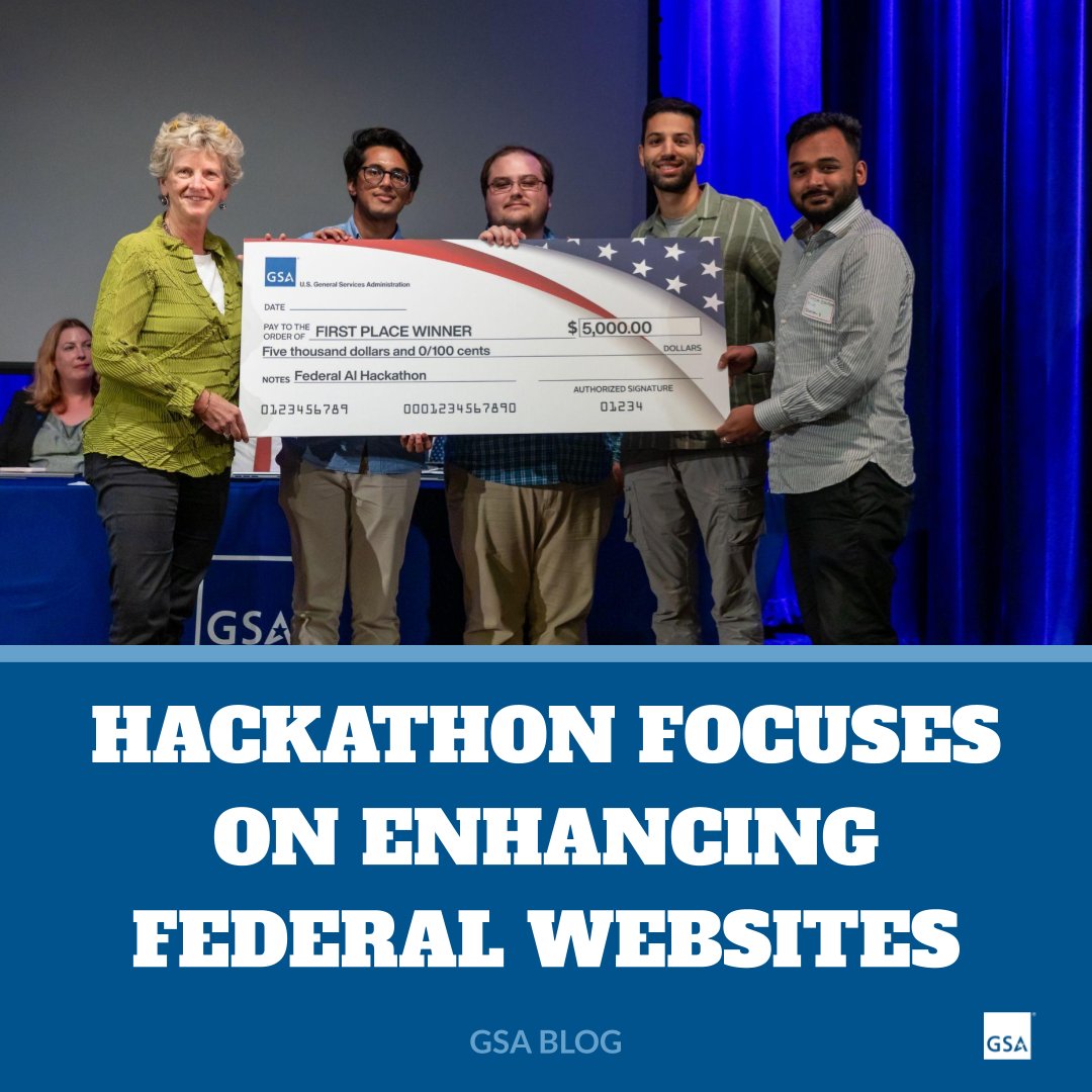 USGSA's tweet photo. Teams at @USGSA's AI-themed Hackathon used #AI to develop innovative solutions for federal websites, aiming to make government services faster &amp; cheaper. These advancements support public trust &amp; democracy by improving how we learn, work, &amp; live. https://t.co/23hgyd2qc3 https://t.co/Bjs4VUGPyx