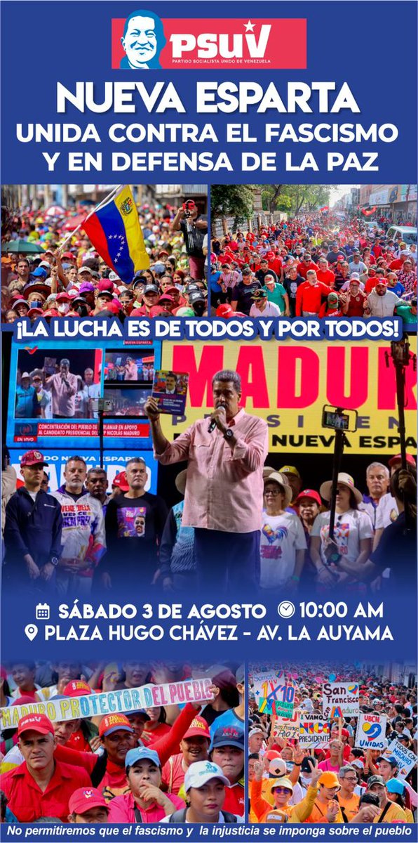 Sábado 3 de Agosto desde las 10 am El Estado Bolivariano Nueva Esparta se Moviliza para la plaza Hugo Chavez en apoyo al  Presidente <a href="/NicolasMaduro/">Nicolás Maduro</a>, y en Contra del Facismo.
<a href="/dcabellor/">Diosdado Cabello R</a>
<a href="/partidopsuv/">PSUV</a>
<a href="/psuv_ne/">PSUV NUEVA ESPARTA</a>
<a href="/DavidCPsuv/">Davidcaraballopsuv</a>
<a href="/antolin_psuv/">psuv_antolin</a>

#NuevaEspartaPorLaPaz