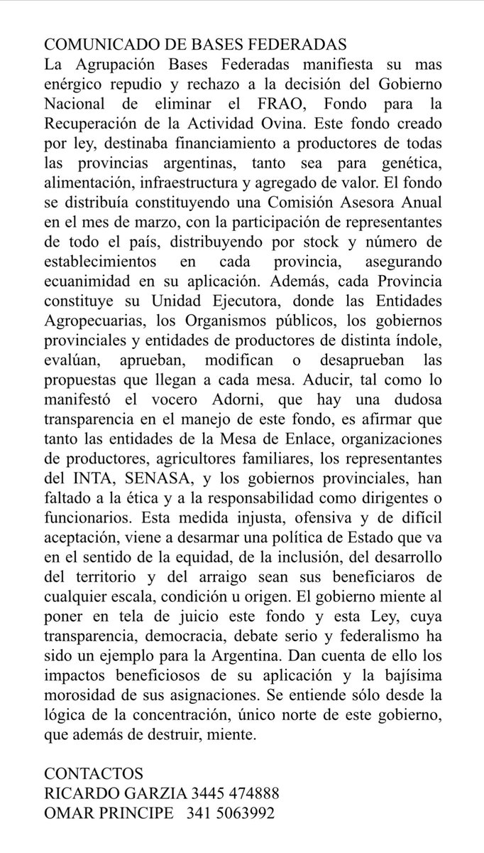 Bases Federadas manifiesta su más enérgico repudio y rechazo a la decisión del Gobierno Nacional de eliminar el FRAO, Fondo para la Recuperación de la Actividad Ovina.
