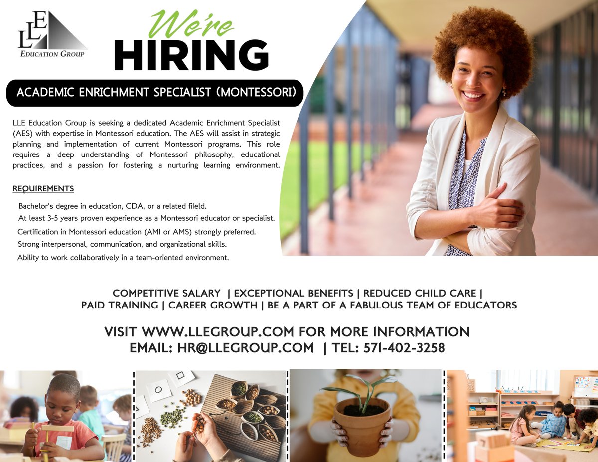 lle_group's tweet photo. LLE Education Group located in Woodbridge, Virginia is hiring for an Academic Enrichment Specialist for our Montessori program. Apply now to be a part of our dedicated team. https://t.co/auelfxlZWW