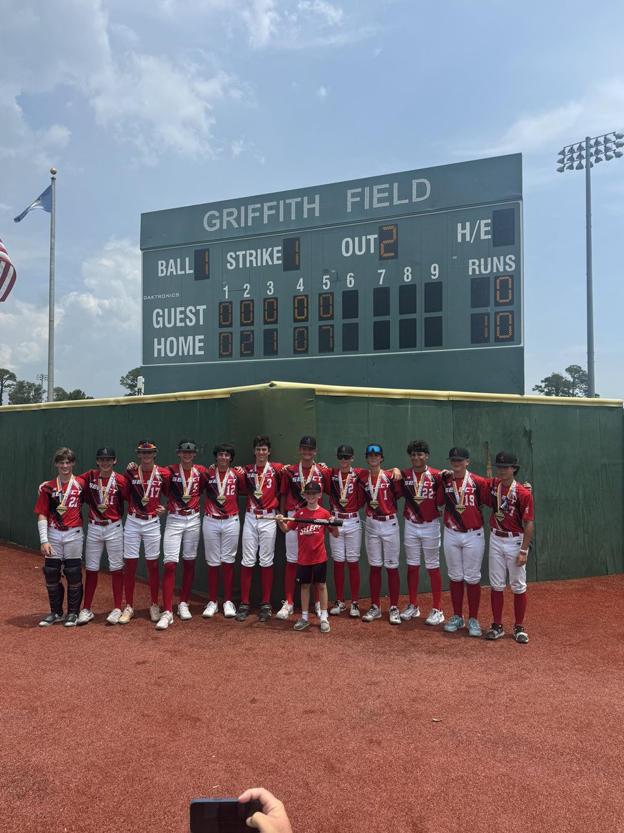 The 14U Select Red National Team goes 9-0 and wins the Championship at the Ripken Experience in Myrtle Beach! The boys win back to back championships! #studs #champions