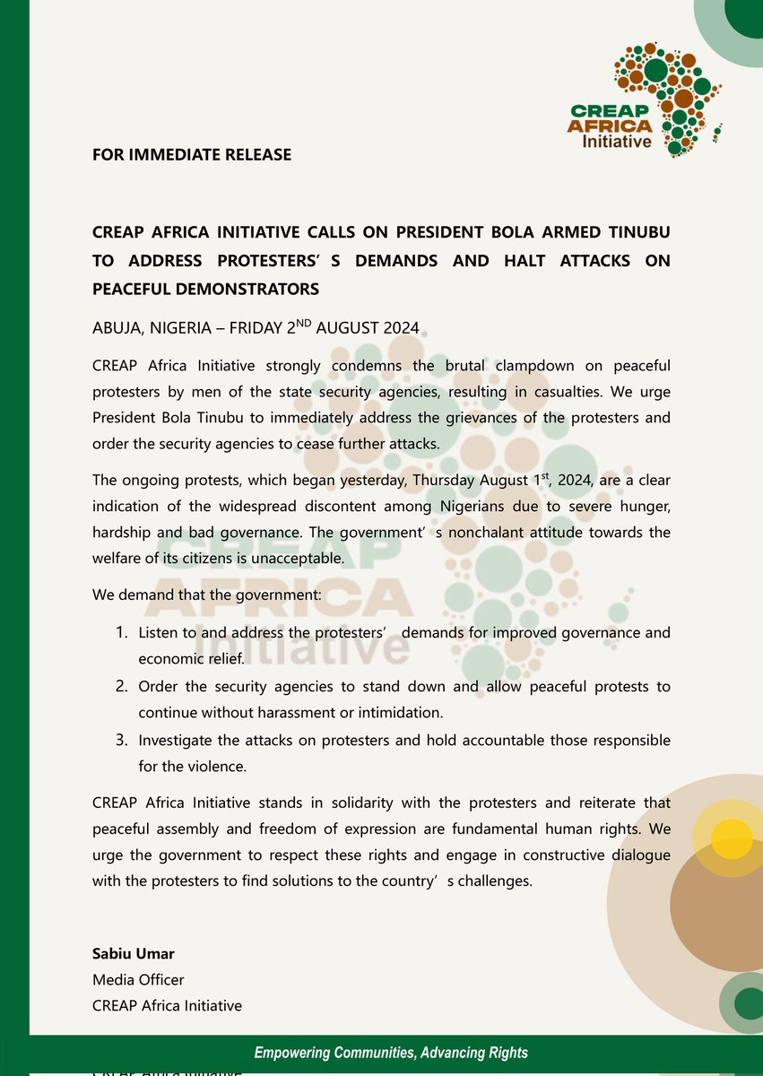 For Immediate Release! 
CREAP Africa Initiative Calls on President Bola Tinubu to Address Protester's Demands and Halt Attack on Peaceful Protesters!

#EndBadGovernanceInNigeria 
#EndBadGovernace
