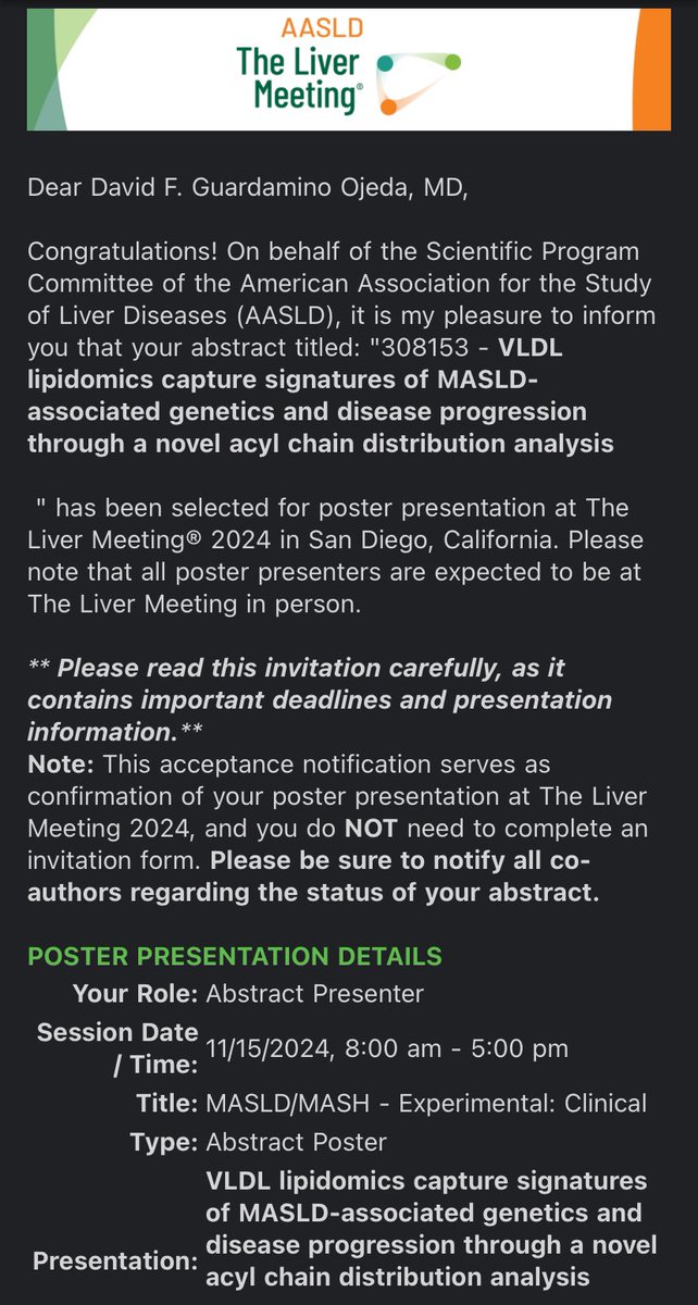 More than thrilled to be selected for an abstract presentation for the second year in a row at #TLM2024! 🤩

Huge thanks to <a href="/ZGordonJiang/">Z. Gordon Jiang</a> for introducing me to the MultiOmics 🔬🧪🧬 world.

It’s been an amazing journey! 🙌🏽

#TheFutureIsToday <a href="/AASLDtweets/">AASLD</a>