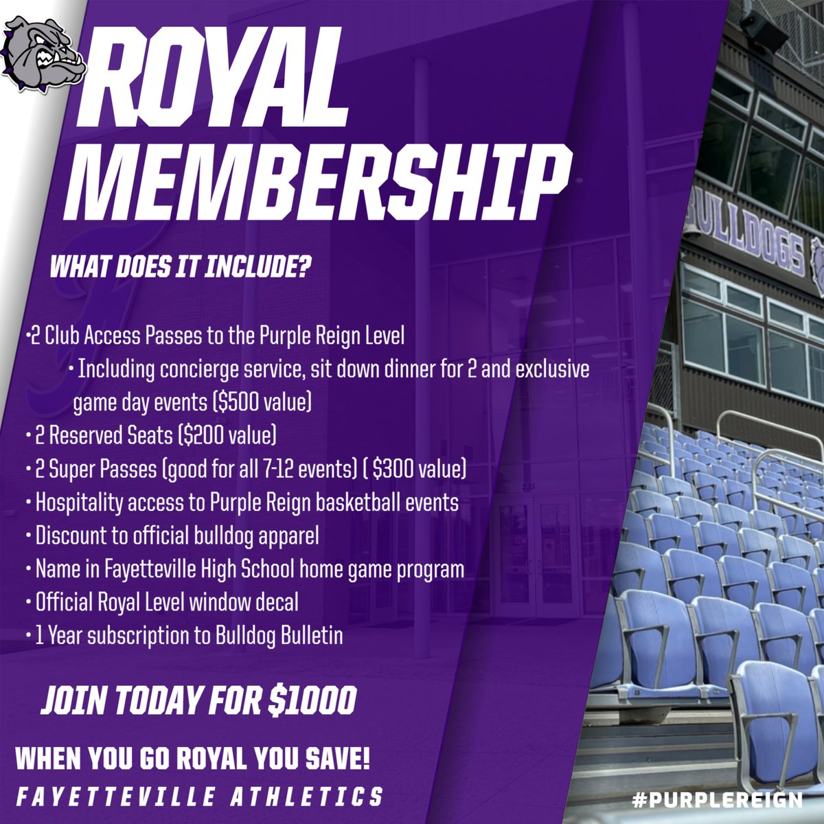 FayBulldogs's tweet photo. Reserved Seating will open soon for people looking for great seats! While you are waiting, have you looked into Royal? It's the 3rd highest tier of our Purple Reign Club, with lots of perks, including Reserved Seating. Click here to join: https://t.co/Eujs22mOah #LookIntoRoyal https://t.co/hFFZ1oSdiN