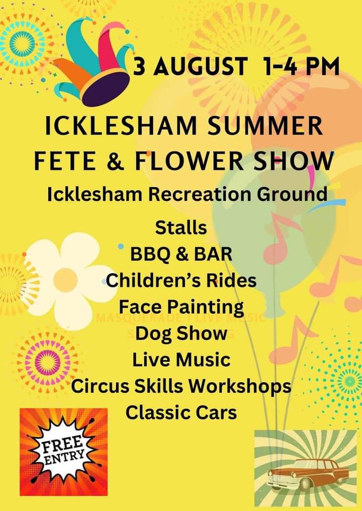Weather is looking good for the Icklesham Fete and Flower Show this Saturday 3 August.Bouncy Castle, Circus Skills Workshop, Woolly Mammoth, Dog Show, Tea Cup Ride, Face Painting, BBQ, Bar, Live Music, Classic Cars and so much more! 

Icklesham Recreation Ground 1pm - 4pm