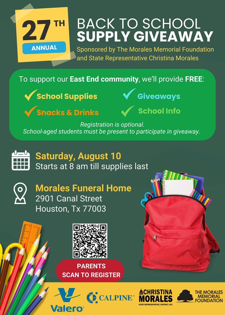 Join me next Saturday for the 27th Annual Back to School Giveaway! 📚🎒

Saturday, August 10 at 8 AM at Morales Funeral Home

🌟 Free school supplies and shoes for all students
🌟 Health screenings and info
🌟 Exciting giveaways, including bikes! 🚲

#BackToSchoolGiveaway