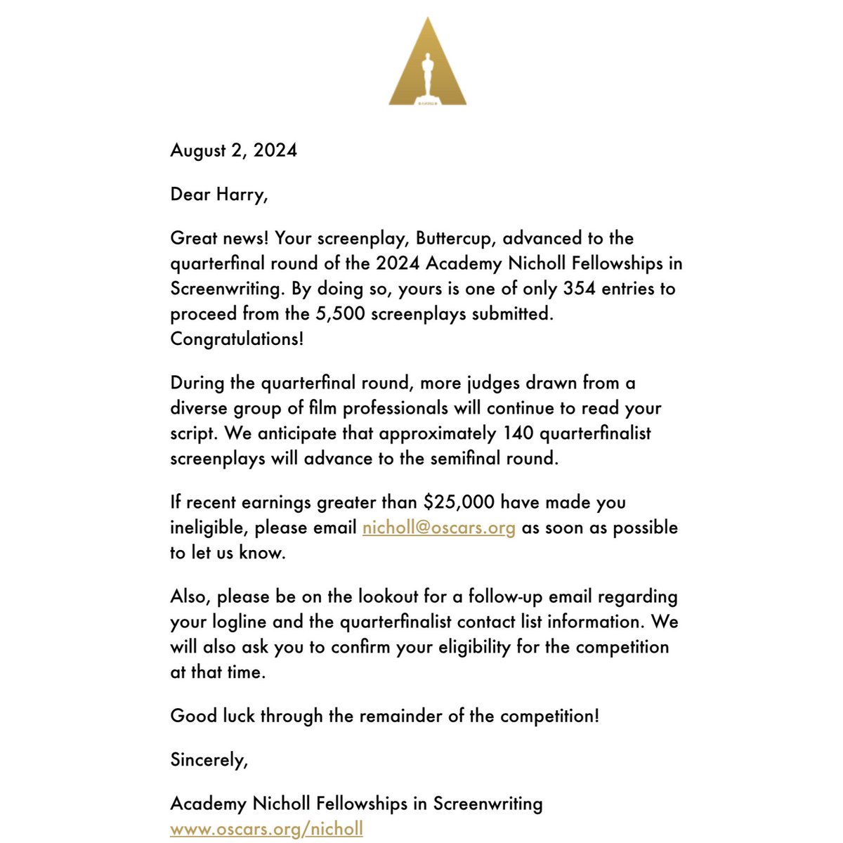 I just learned about this competition and am already cheering on <a href="/rachelament/">Rachel Ament</a> hopefully receiving a similar letter next year!!!