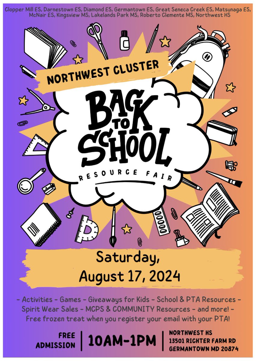 Join us for a fun event on Saturday, August 17 from 10am-1pm at Northwest High School! NWHS PTSA will give away school supplies and other prizes. NWHS Booster Club will be selling spirit wear! There will be MCPS and MoCo resources as well as vendors, games, food trucks, and more!