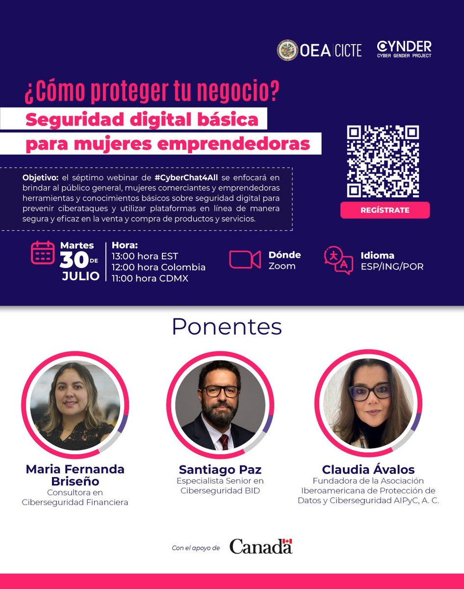 OEA_Cyber's tweet photo. ¡Emprendedora digital, este evento es para ti! 🙋‍♀️

Únete a nuestro próximo #CyberChat4All-7 donde, de la mano de expert@s, aprenderemos sobre herramientas y estrategias para proteger tus transacciones en línea y datos de tus clientes

Regístrate👇
https://t.co/GVLnmFLdW6 https://t.co/TZytYK4D50