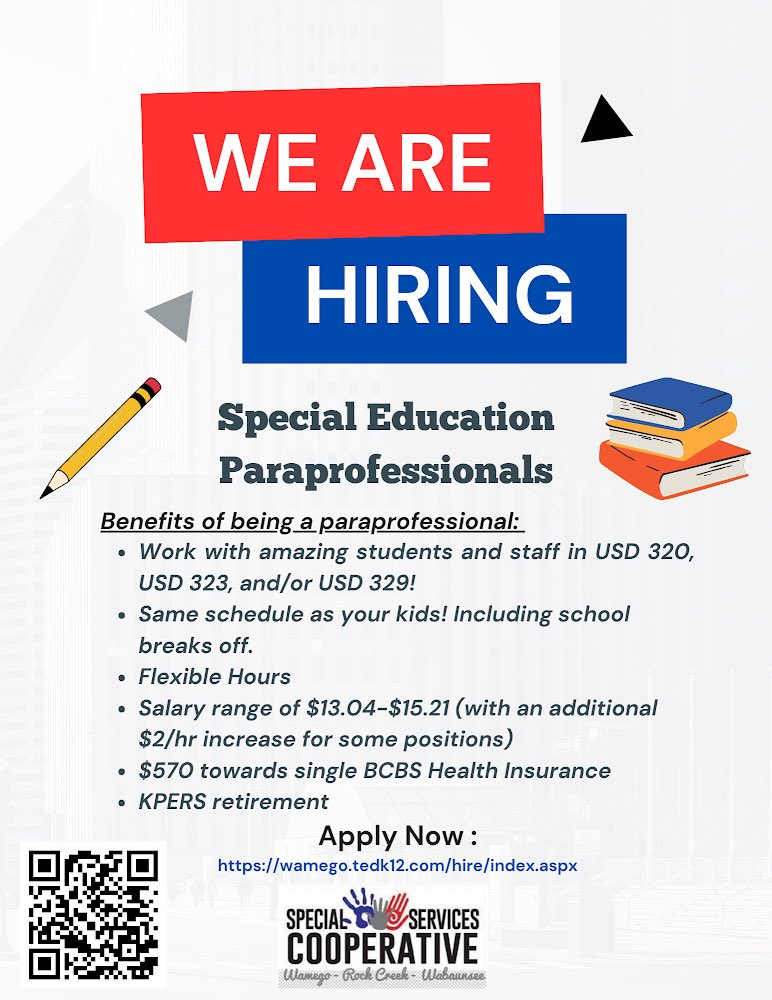 Rock Creek High School has openings for three paraprofessionals this fall. Please specify interest in RCHS specifically during application. Applications are processed through the Wamego Special Services Cooperative